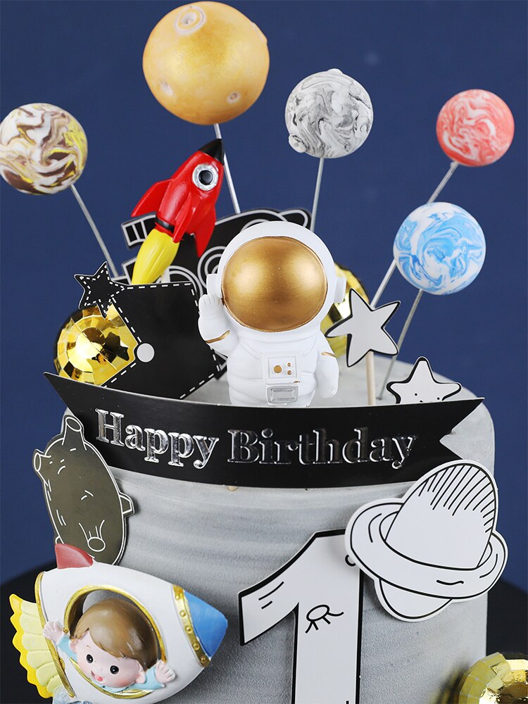 Universe Stars Rocket Astronaut Maan Gelukkige Verjaardag Brief Decoratie Cake Topper Dessert Voor Kinderen Dag Mooie