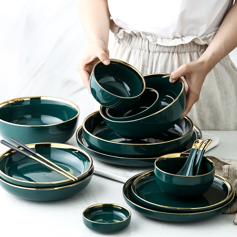 Standskål middagsfad grønt keramiske fade og tallerkner sæt guld indlægstallerken bøf mad tallerken lår porcelæn spisestel sæt