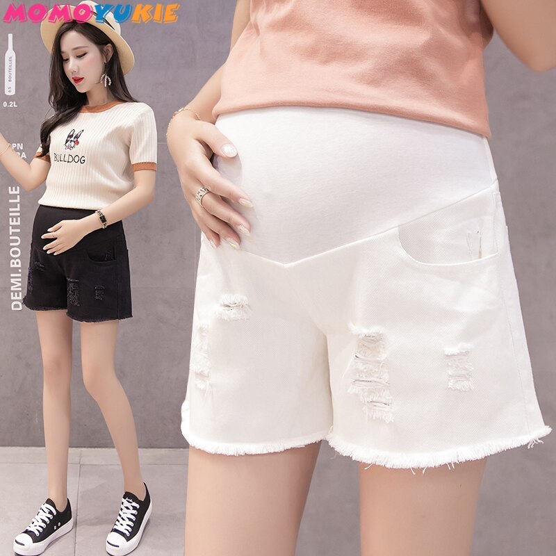 Pantalones vaqueros de maternidad para mujer, pantalones cortos de tela vaquera con cintura elástica, ropa para embarazadas, color blanco y negro