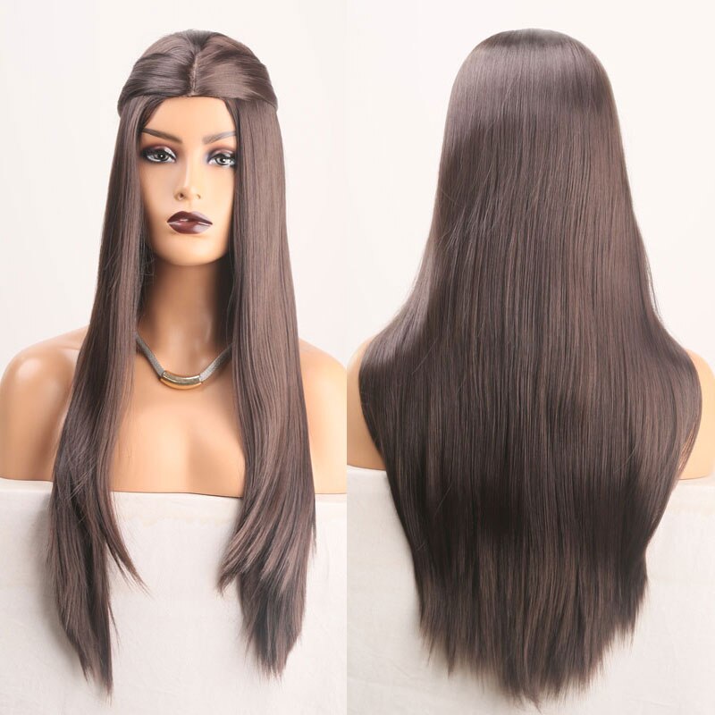 Bombshell Dark Brown Silky Straight Synthetic Hair Wig Glueless Heat Resistant Fiber Hair Middle Parting For Women Wigs