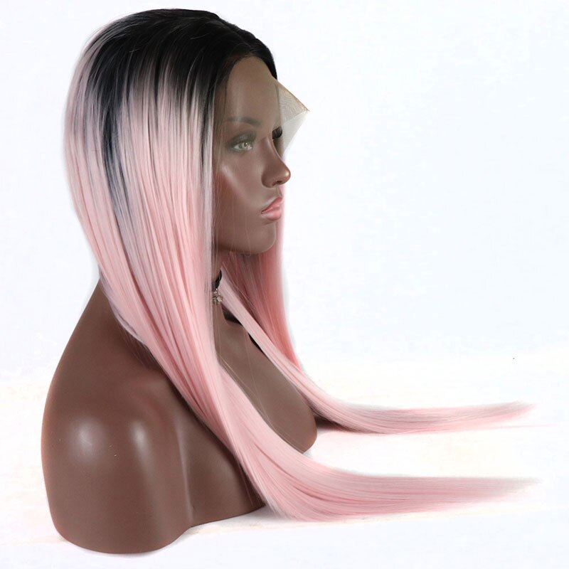 Bombshell sort ombre pink lige syntetisk blonde front paryk varmebestandigt fiber hår naturlig hårgrænse midterskilning til kvinder