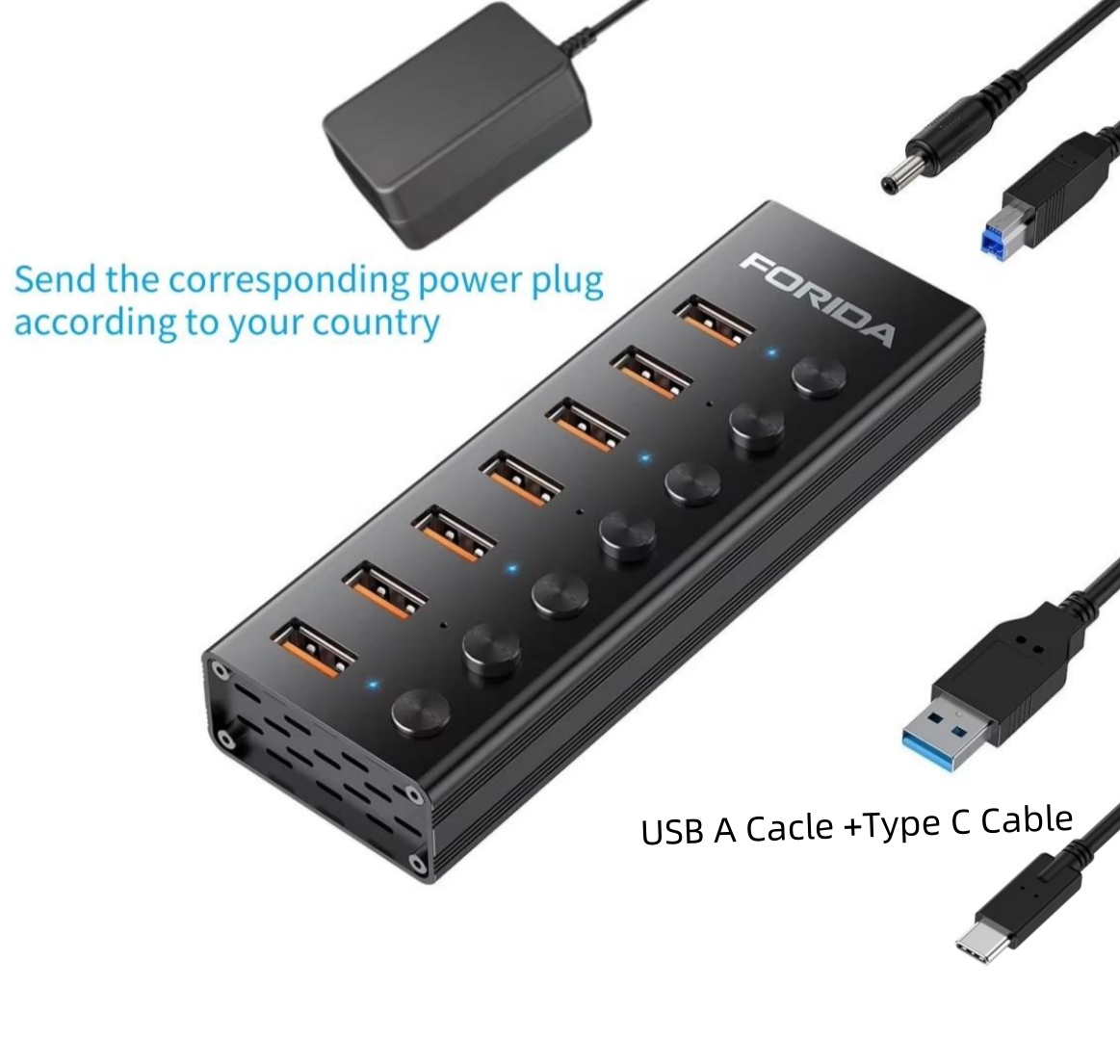 FORIDA 10 puertos USB A 3,2 extensión USB C Hub 10Gbps estaciones de acoplamiento interruptor de encendido/apagado divisor de energía para ordenador portátil Macbook de escritorio: Menta