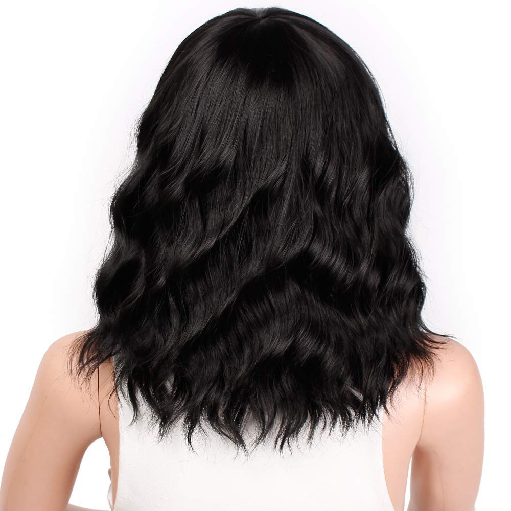 Stamped Glorious Bob Wig Black Synthetic Short Wavy Wig with Bangs Heat Resistant Fiber African American wigs for Women: 1B