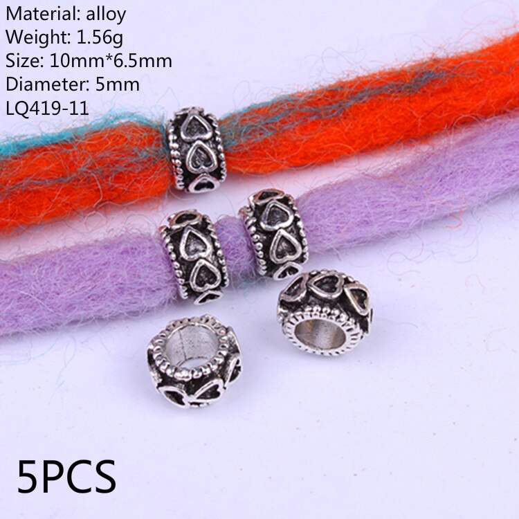 5Pcs Retro Zilver Metaal Haar Vlecht Dread Dreadlock Baard Kralen Ringen Buis Appro 6Mm Binnenste Gat Sieraden Maat 11*9Mm 14 Stijl: NO.4