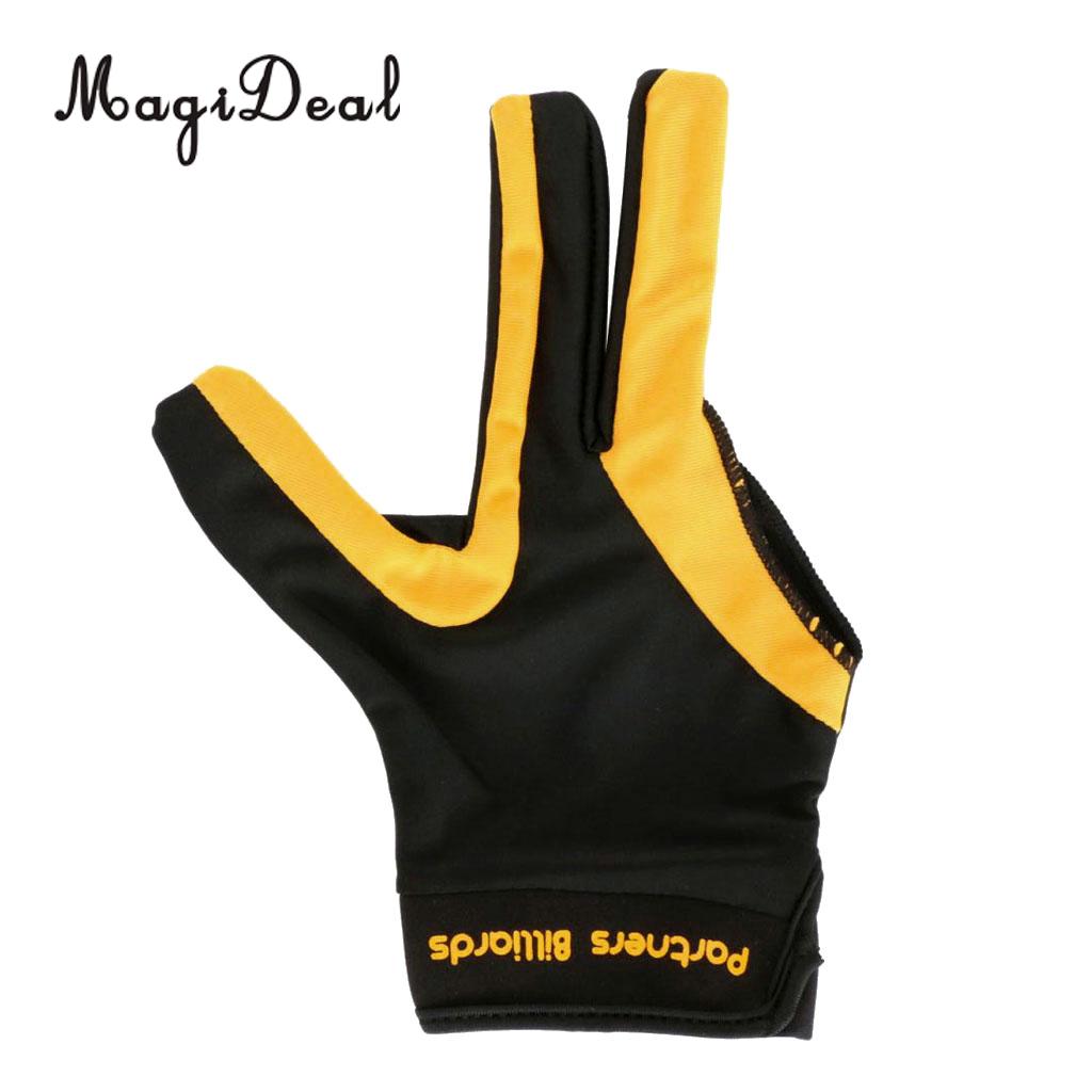 Magideal 1 stk tre fingre fuld-finger snooker pool cue billard handske til højre hånd 21cm gul sort / rød sort: Gul sort