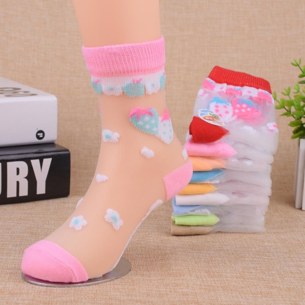 6 paar zomermeisjessokken ultradunne ademende stijl kristal baby kindersokken trendy elastische bedrukte zijden kindersokken