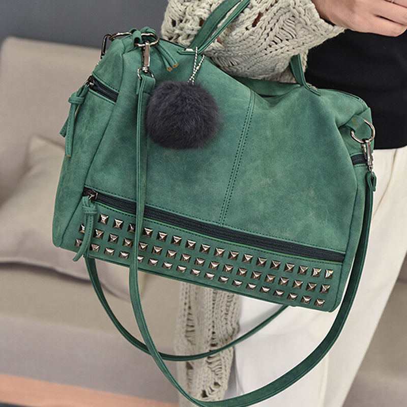 Vintage Nubuck Leather Ladies Handbags Rivet Larger Women Bags Hair Ball Shoulder Bag Motorcycle Messenger Bag Top-Handle Bag: green