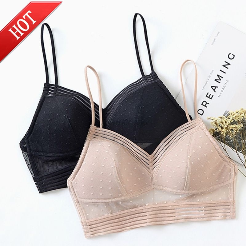 Sexy Women Lingerie Deep U Low Back Lace Bralette Thin Cup Polka Dot Bustier Top Mesh Wireless Seamless Breathable Underwear Bra