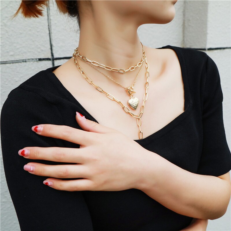 Punk gold silver color multi-layer cuban link chain necklace open heart pendant choker necklaces for women: Zj3212