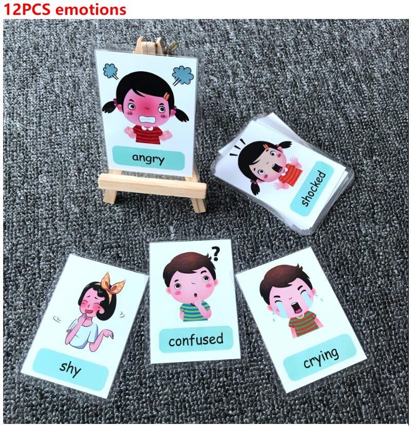 Kids Montessori Baby Learn English Word Card Flashcards Cognitive Educational Toys Picture Memorise Games For Children: 12pcs expression