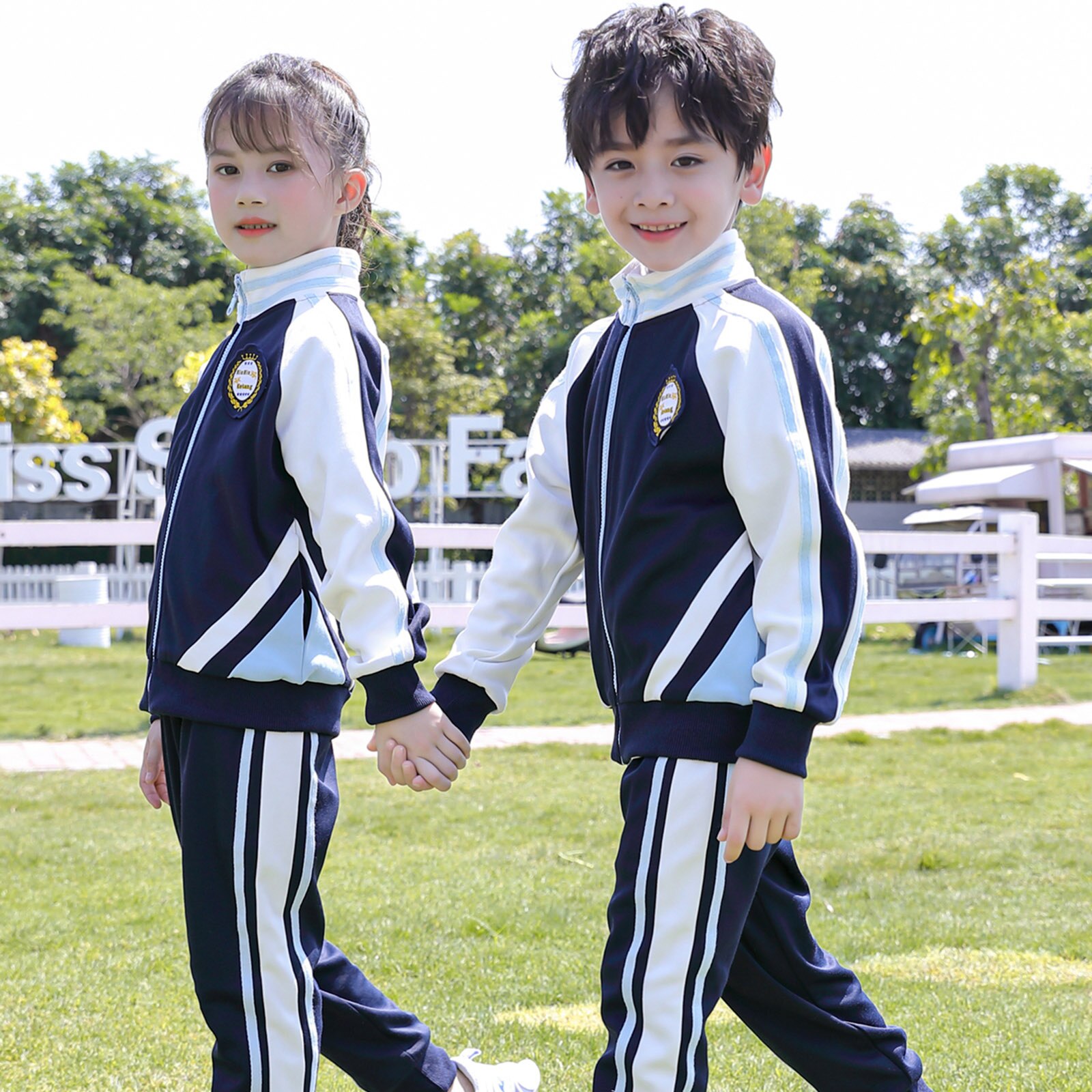 2Pcs Kids Boys Girls School Uniform Spring Autumn Sport Suit Windproof Stand Collar Long Sleeves Font Zipper Coat and Pants Sets