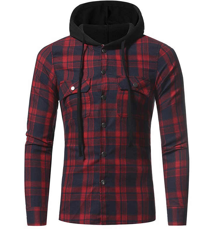 F-SFRWA Plaid Shirt Lente Shirts Mannen Casual Kleding Heren Shirt Lange Mouw Casual Rooster Hooded Camisa Sociale XXXL: red / Asia XXXL 185CM 85KG