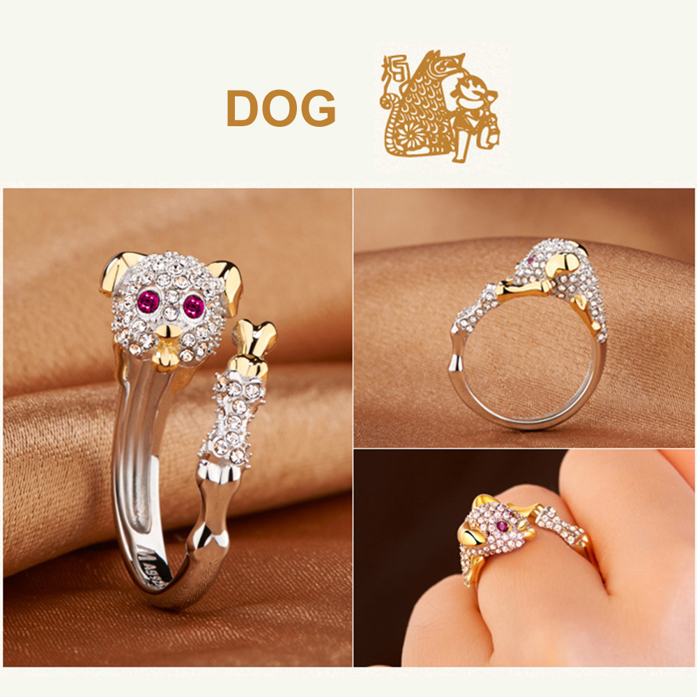 Koper Plated Crystal Mooie Hond Varken Konijn Aap Ingelegd Dier Ringen Vrouwen Meisje Opening Ring Wedding Party Sieraden: 11