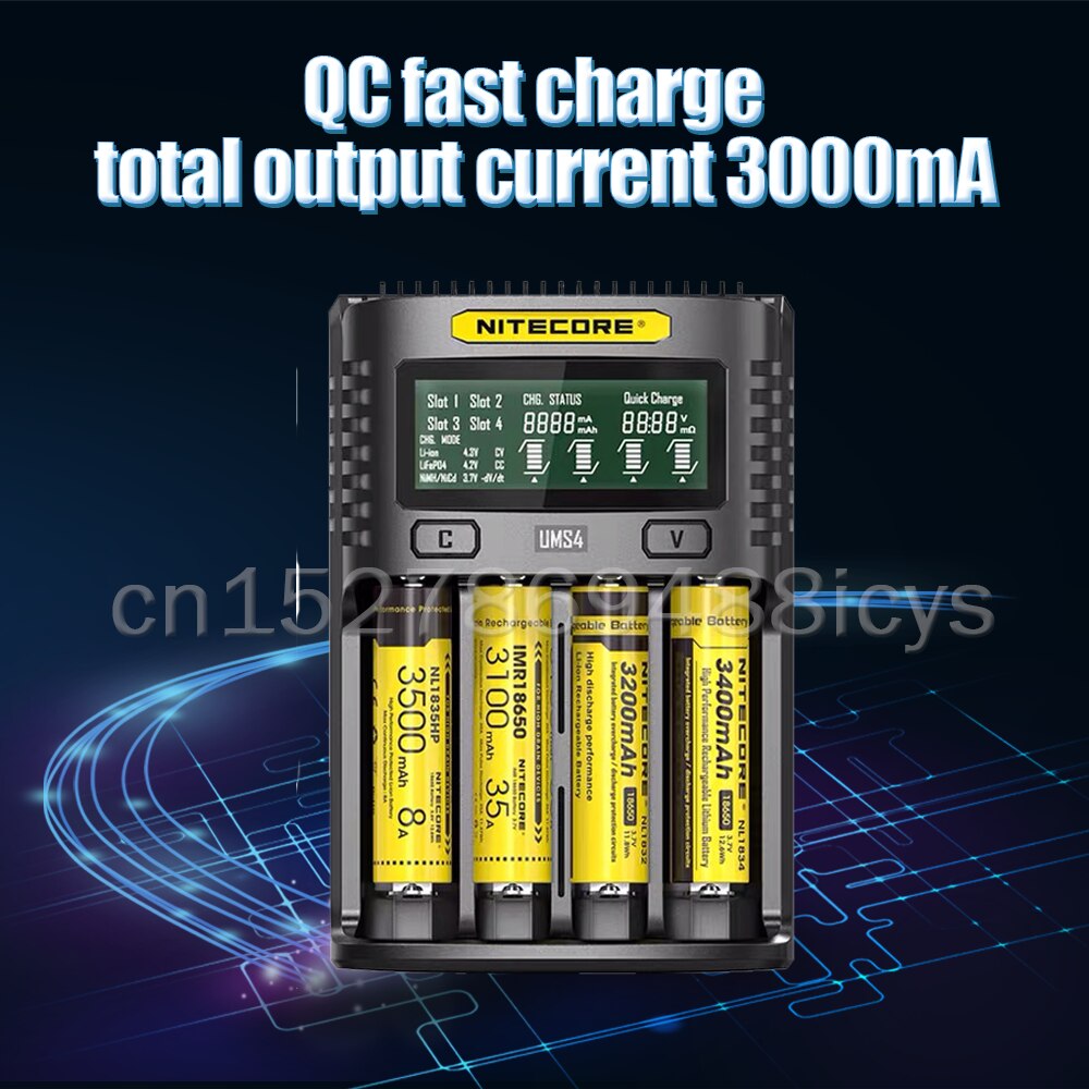 NITECORE UMS4 Batterie ladegerät QC Schnelle Ladung 4A mit 4 Slots Ausgang LCD Display Für 18650 14500 16340 26650 21700 AA AAA Batterie