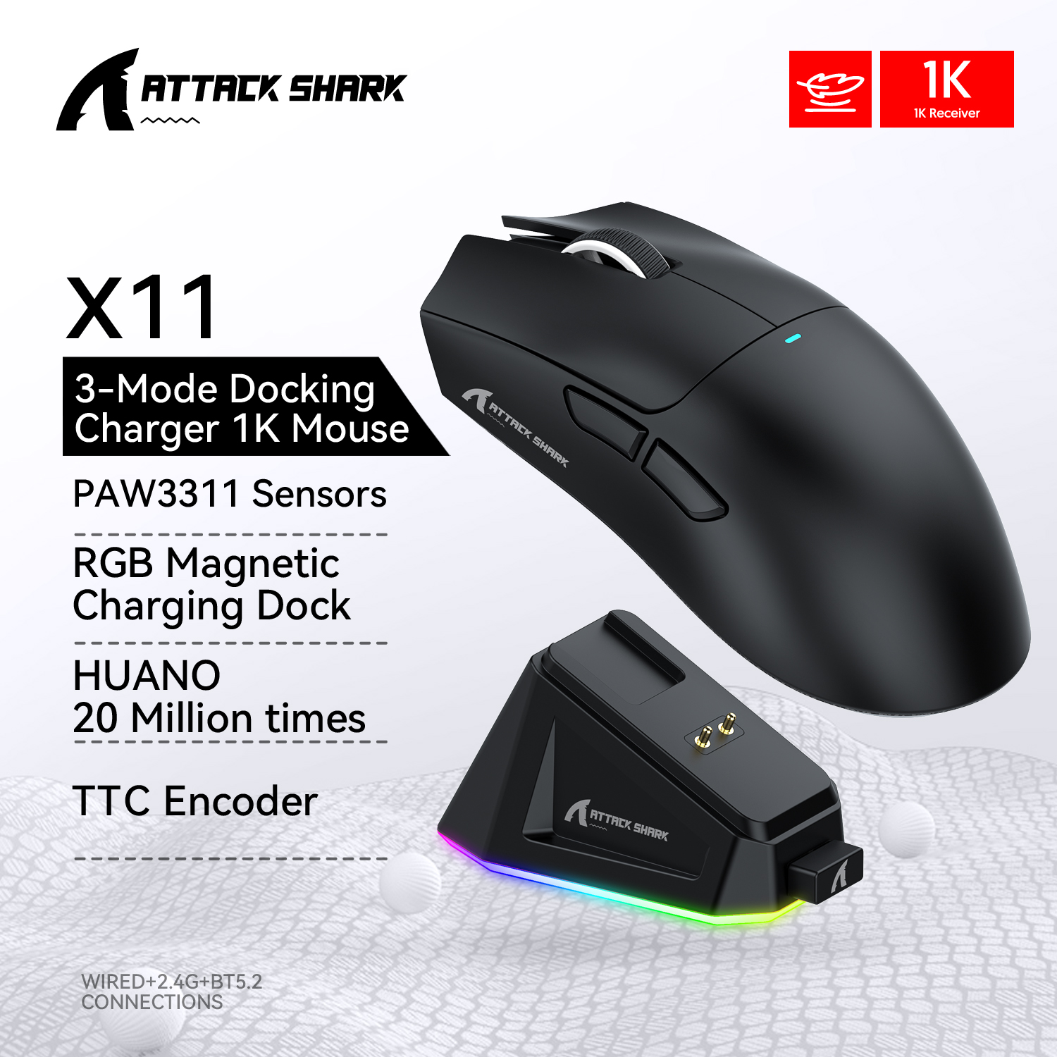 Ratón inalámbrico para juegos Attack Shark X11 X6 X3 R1, RGB, ergonómico, ultraligero, triodo, macro, PAW3395/PAW3311, 26000 DPI