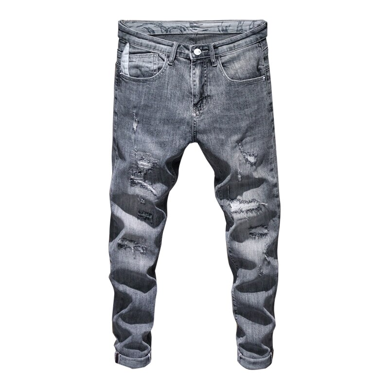 Herre ripped skinny jeans grå lyseblå elasticitet high street wear hip hop patchwork biker jeans mandlige denim bukser flosset homme: Grå / 32