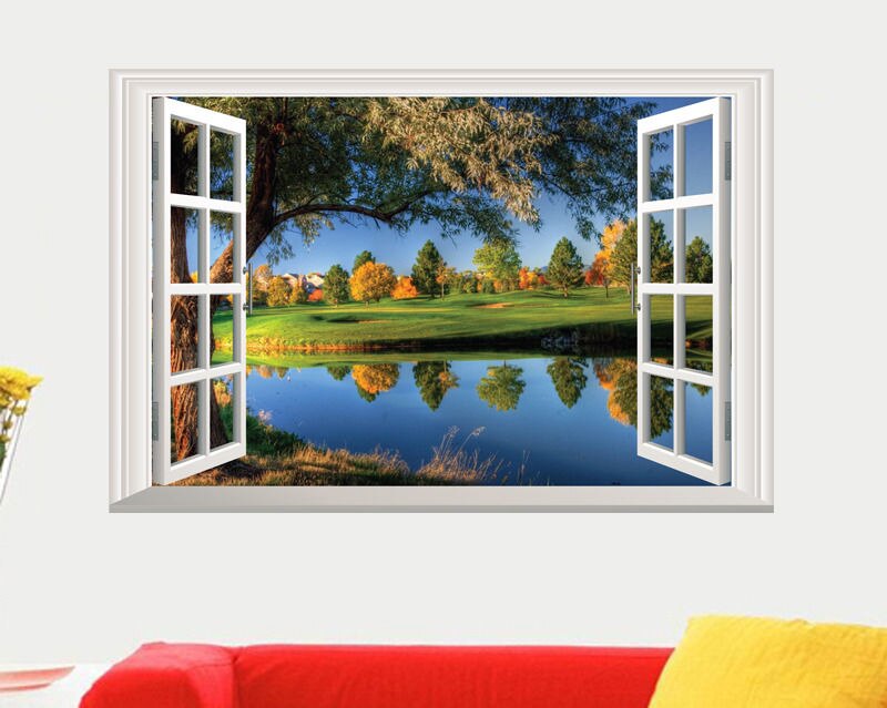 Home Landscape nature 3D Window Wall Sticker Lake Water Vinyl Wall Decal Diy Room Decoration Colorful