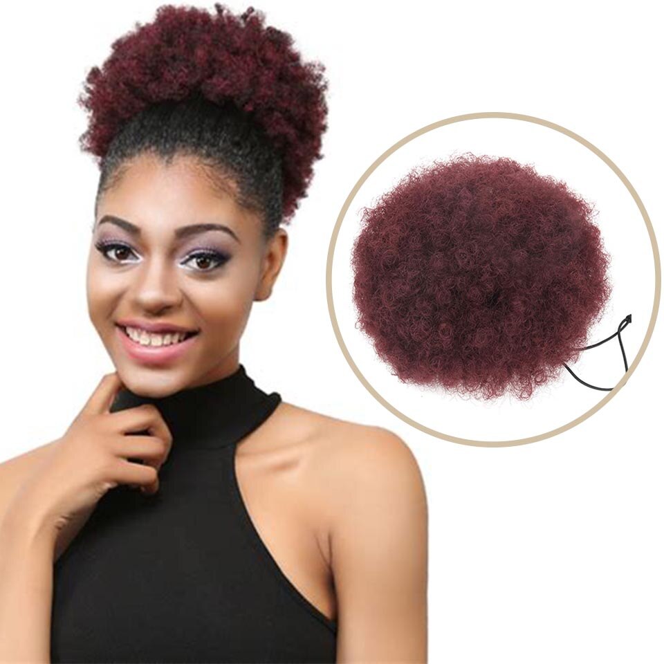 Synthetic Afro Puff Drawstring Ponytail Short Curly Wig High Temperature Fiber Bun Puff Ponytail Wrap Updo Hair Extensions: Red