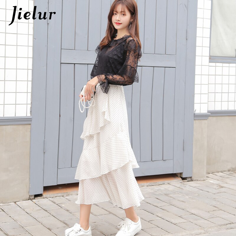 Jielur-falda blanca de lunares para mujer, Faldas de gasa holgadas con volantes, cintura elástica