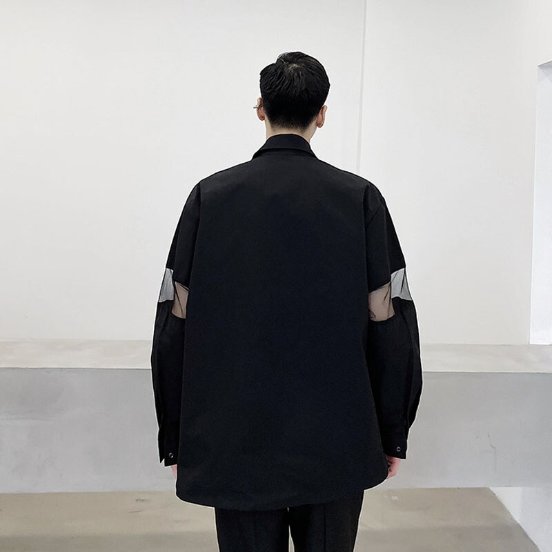 Camisa de manga larga informal con empalme de malla transparente para hombre y mujer, ropa de calle de Japón, camisa de negra y blanca para parejas, ropa para escenario