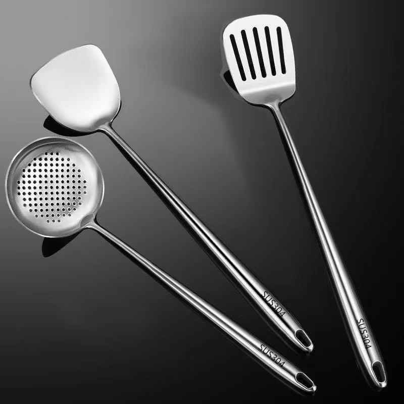 304 Stainless Steel Wok Spatula Metal Kitchen Accessories Slotted Turner Rice Spoon Ladle Cooking Tools Utensil Set: Chocolate