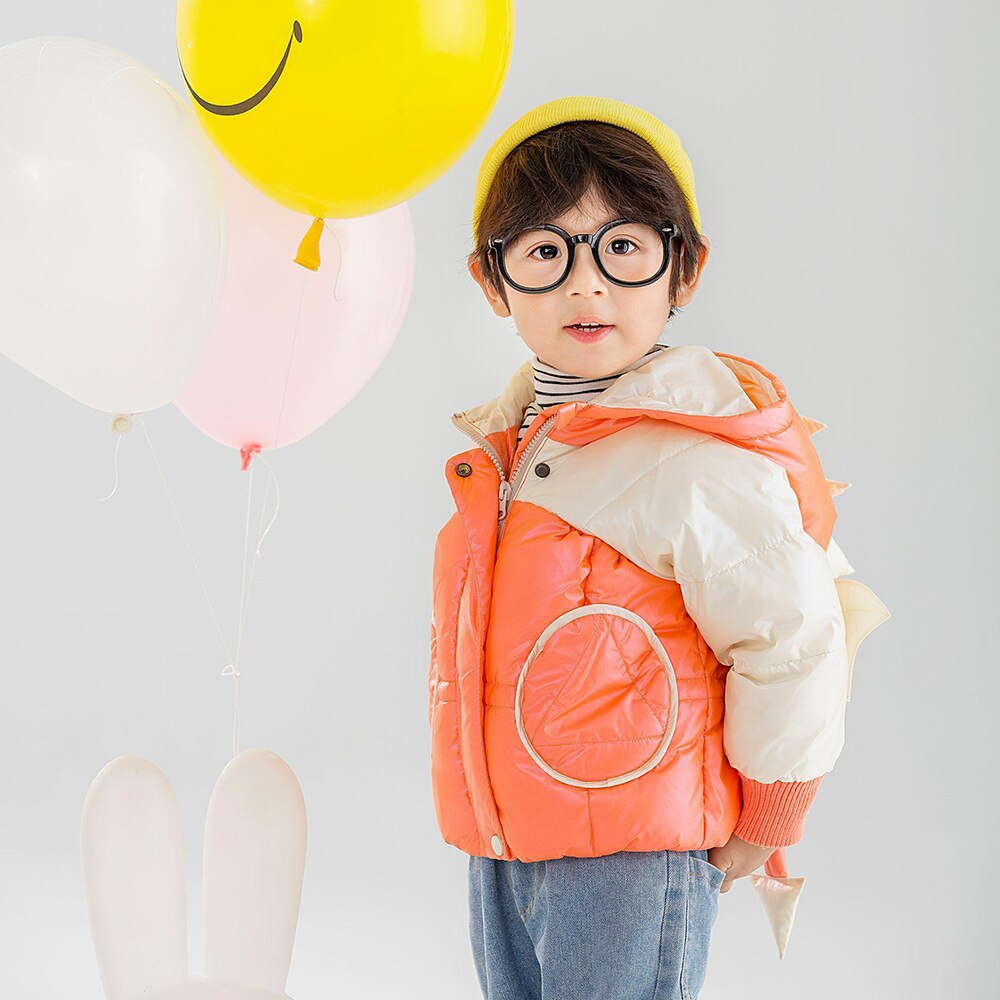 Winter Kleding Stijl Kinderen Katoenen Kleding Voor Jongens En Meisjes Leuke Dinosaurus Hooded Korte Gewatteerde Katoenen Kleding Voor kind: Oranje / 80cm