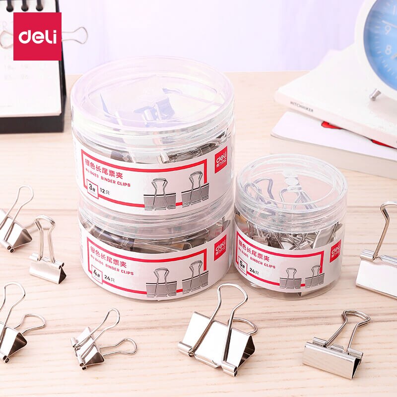 Caja de clips metálicos Deli 8843, caja de clips para papeles de 19mm, 25mm, 32mm, caja completa, 12 Uds.