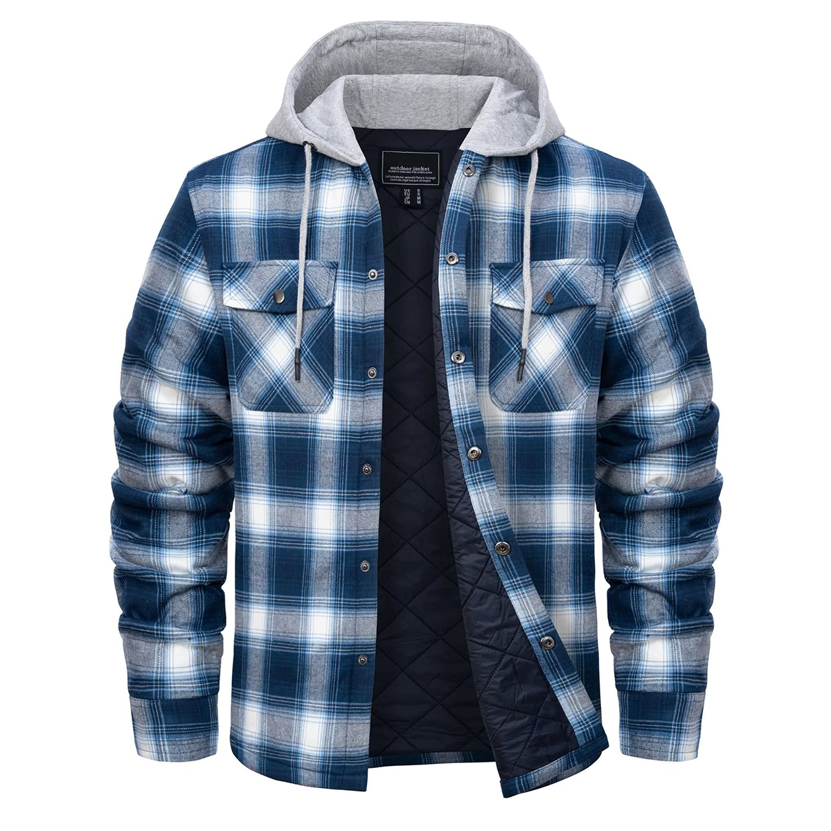 TACVASEN Men's Flannel Shirt Jackets with Hood Long Sleeve Quilted Lined Plaid Coats Thick Warm Winter Casual Hoodie Outerwear: L / Blue