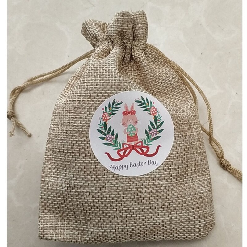 10 Pcs Easter Burlap Goody Bags Cute Sticker Treat Drawstring Linen Bags 63HC