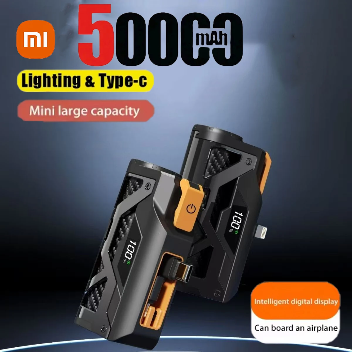 Xiaomi Mini 50000mAh Capsule Power Bank Grote capaciteit Externe batterij Ingebouwde kabel Snelle oplader voor Type-c iPhone Huawei
