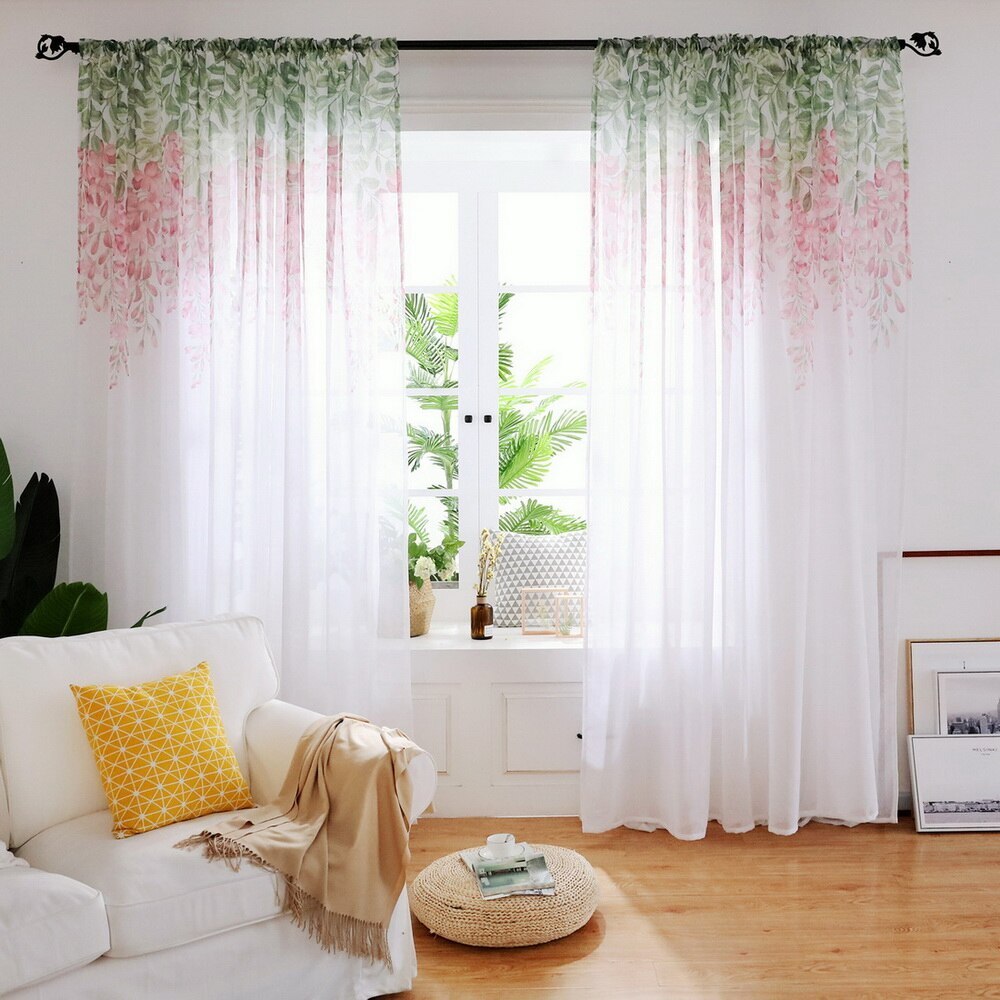 Tulle Curtain Printed Modern Flower Separated Tulle Living Room Bedroom Kitchen Draped Panel Transparent Home