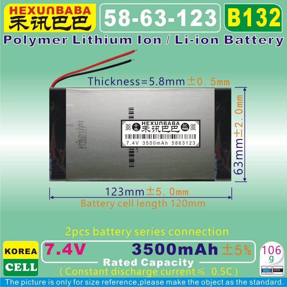 [B132] 7.4 V 3500 mAh [5863123] lithium Polymeer ion batterij voor mobiele bank, mp4, mobiele telefoon, tablet pc; power bank, mp3