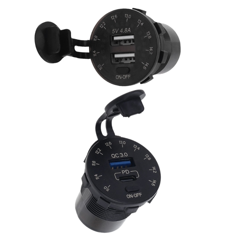Cargador de coche 12V QC3.0 USB tipo C PD carga rápida con voltímetro LED interruptor de encendido y apagado L4MD