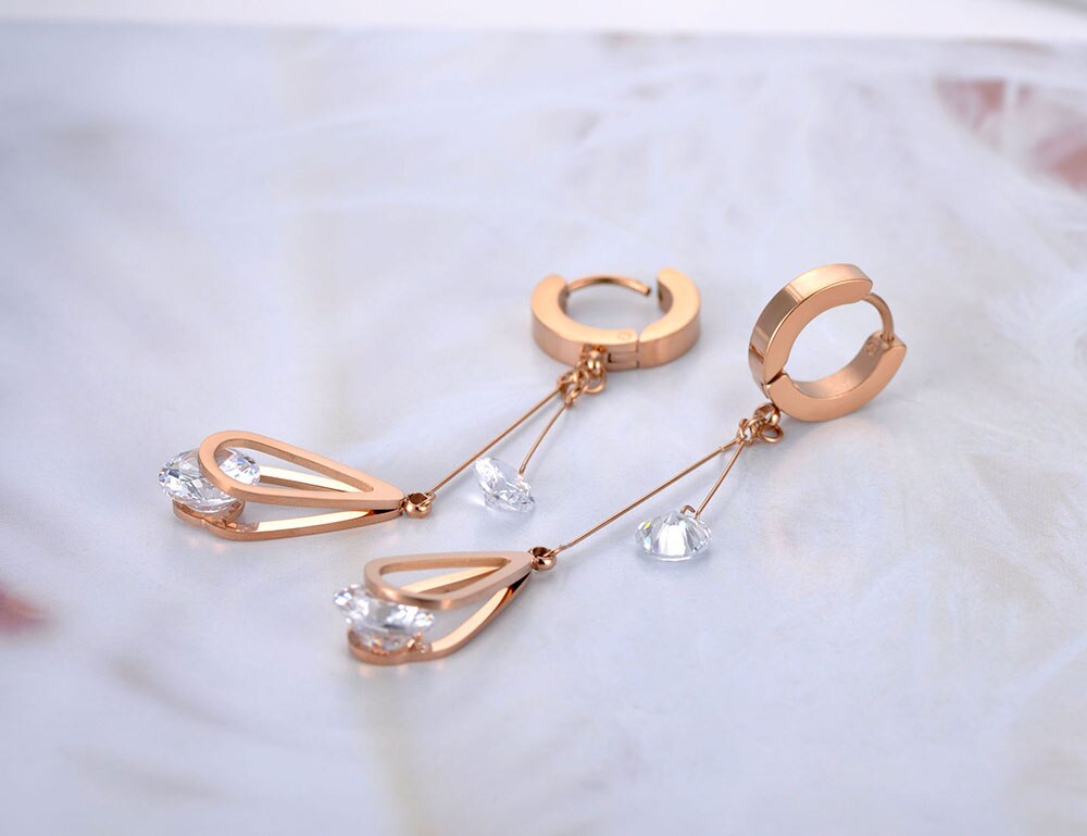 Lokaer Trendy Stainless Steel CZ Crystal Water Tassel Earrings Jewelry Sparkling Rose Gold Hoop Earrings For Women E20010