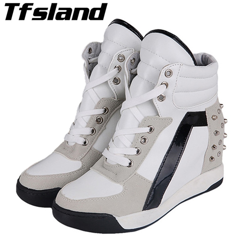 Autumn Women Height Increasing Platform Shoes Women Breathable Patchwork Wedge Shoes Rivet High Top Walking Shoes Sneakers