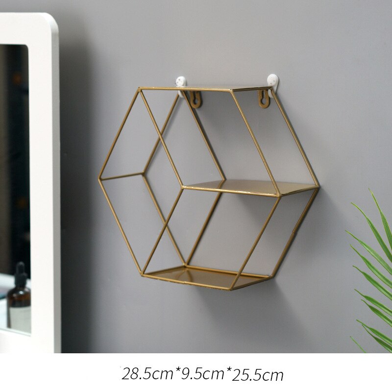 Nordisk metalvæghylde smedejern sekskantet opbevaringsholderholder klassisk enkel multifunktionel vægdekoration: B-guld