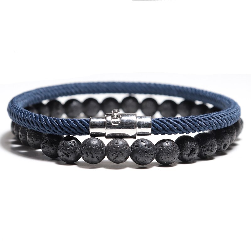 2 pçs/pçs/set grânulos de pedra natural corda pulseira conjunto artesanal dos homens pulseira de corda conjunto para biker masculino jóias homme bileklik: Navy Set