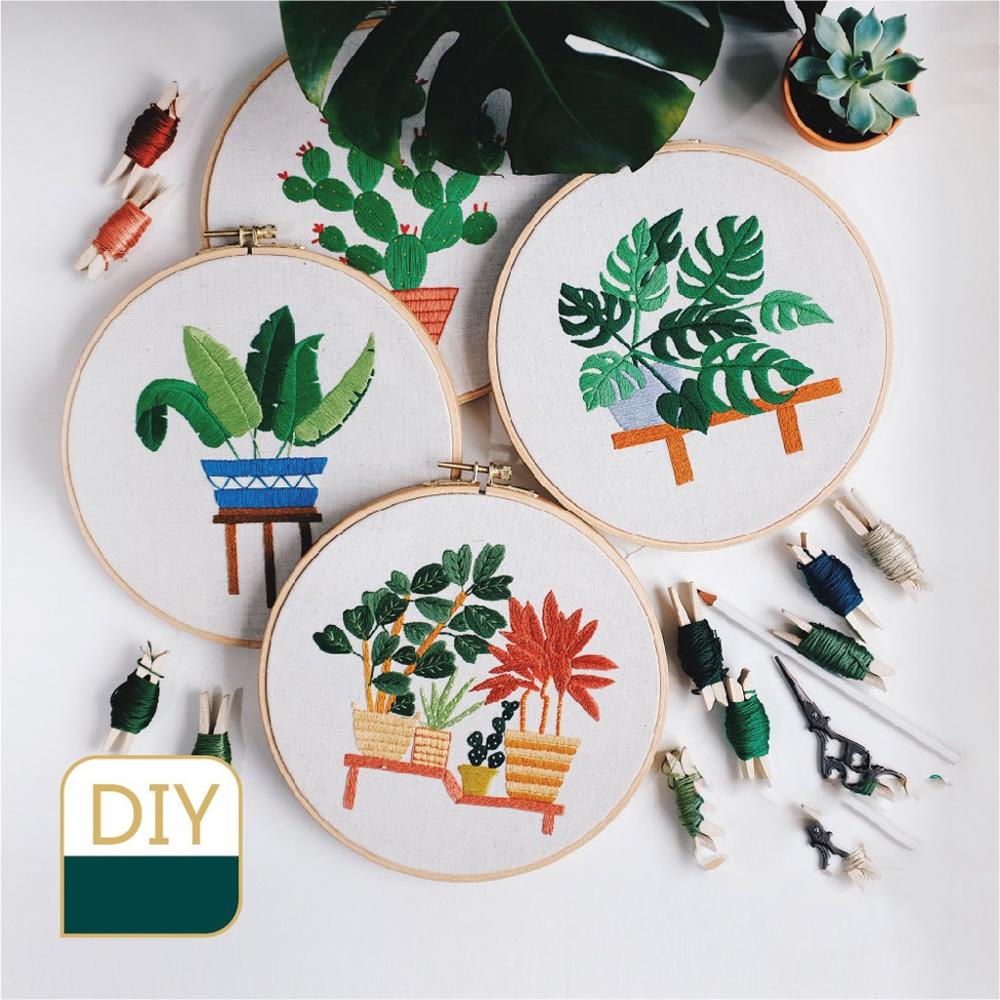 Full Range of Embroidery Cross Stitch Stamped Green Leaves Pattern Embroidery Cloth with Floral Kit Handmade DIY House Decor Q3