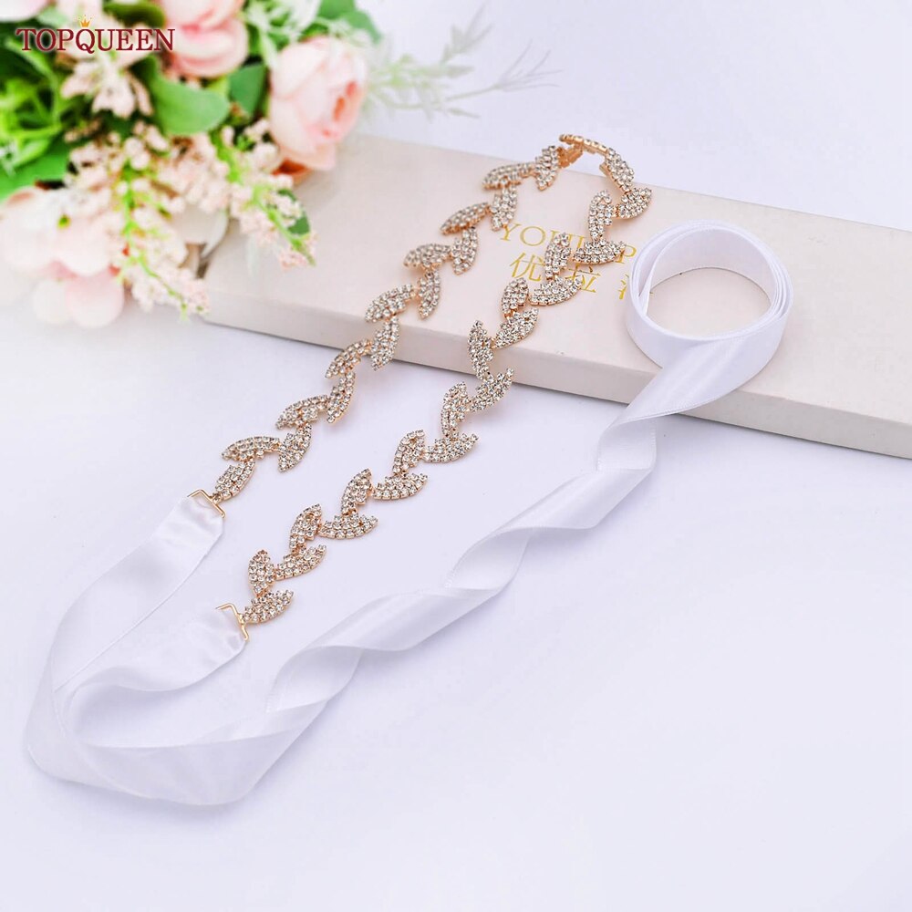 TOPQUEEN S198-G złoty pasek robić sukni ślubnej błyszczące stopu kryształ górski liście skrzydła kobiety diament akcesoria ślubne dla nowożeńców impreza pas