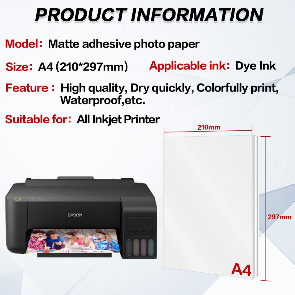 Matte Photo Paper 20 Sheets A4 Paper Adhesive paper for for Inkjet printer inkjet sticker photo paper 210 X 297mm Matte paper
