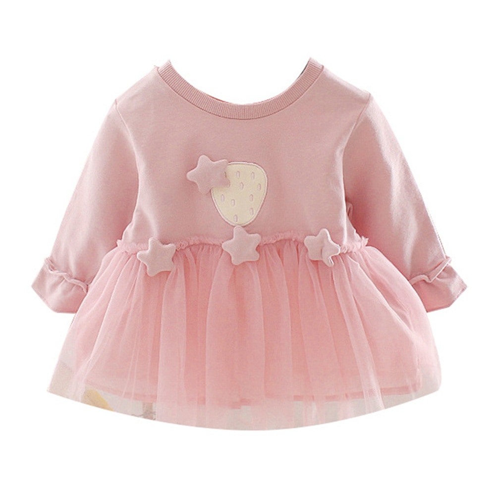 Baby Girls Autumn Solid Color Long Sleeve Stars Decor Stitching Tulle Dress Princess Dresses Clothes: Pink 18 to 24M