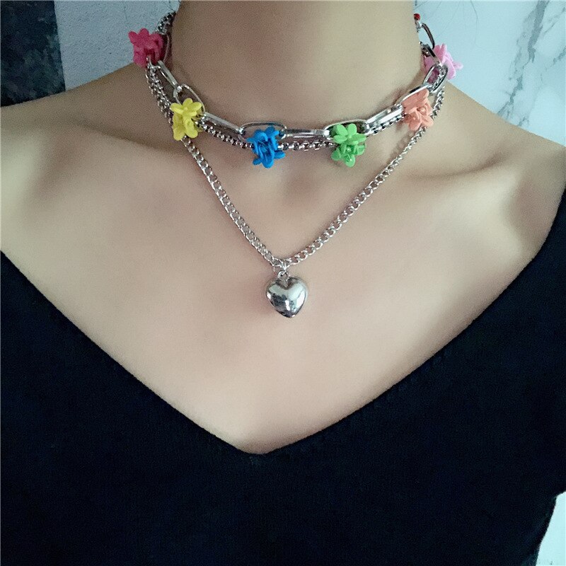 Kleurrijke Bloem Clip Multi-layer Hart Hanger Ketting Metalen Lijn Lock Chain Kettingen Voor Vrouwen Koreaanse Sieraden