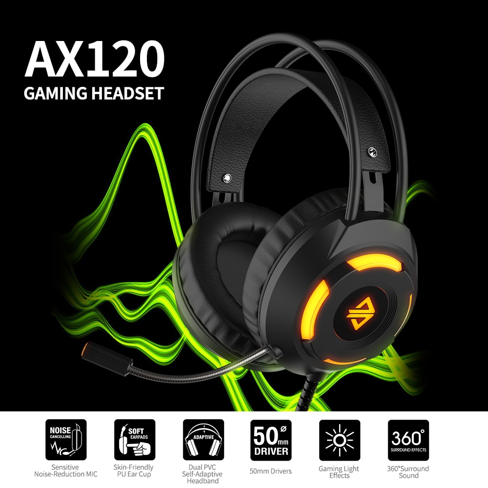 Auriculares para juegos de jazz AX120-7,1 canales estéreo con cancelación de ruido en la oreja, auriculares con micrófono y bajo envolvente, orejeras de memoria suave