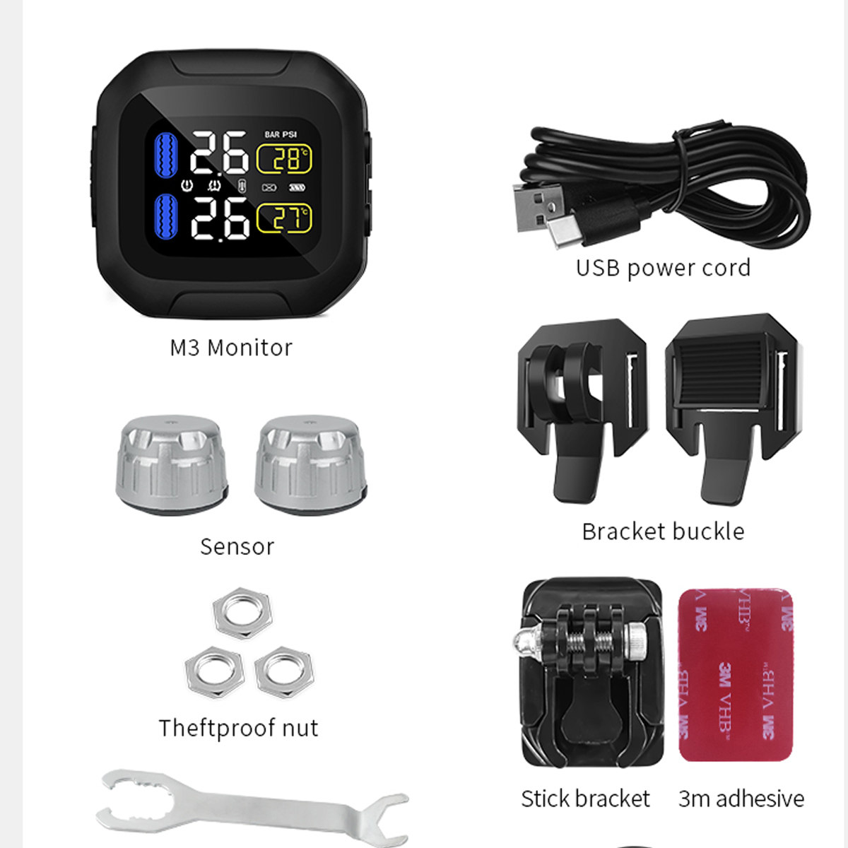 M3 Moto Waterproof Motorcycle Real Time Tire Pressure Monitoring System TPMS Wireless LCD Display Internal or External Sensors