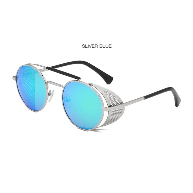 Ronde Steampunk Zonnebril Vrouwen Mannen Metalen Bril Vintage Metalen Frame Zonnebril UV400: Silver Blue