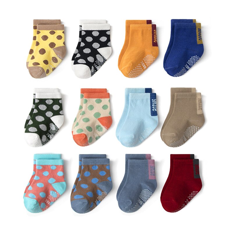 Non Skid Anti Slip Crew Socks with Grips for Baby Toddlers Boys Newborn Baby Girls Kids Socks 0-7years 6 Pairs