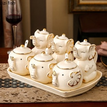 Elefant keramik kryddflaskor kryddburk kryddlåda kök kryddflaska burkar salt peppar spiskummin pulver kryddflaskor