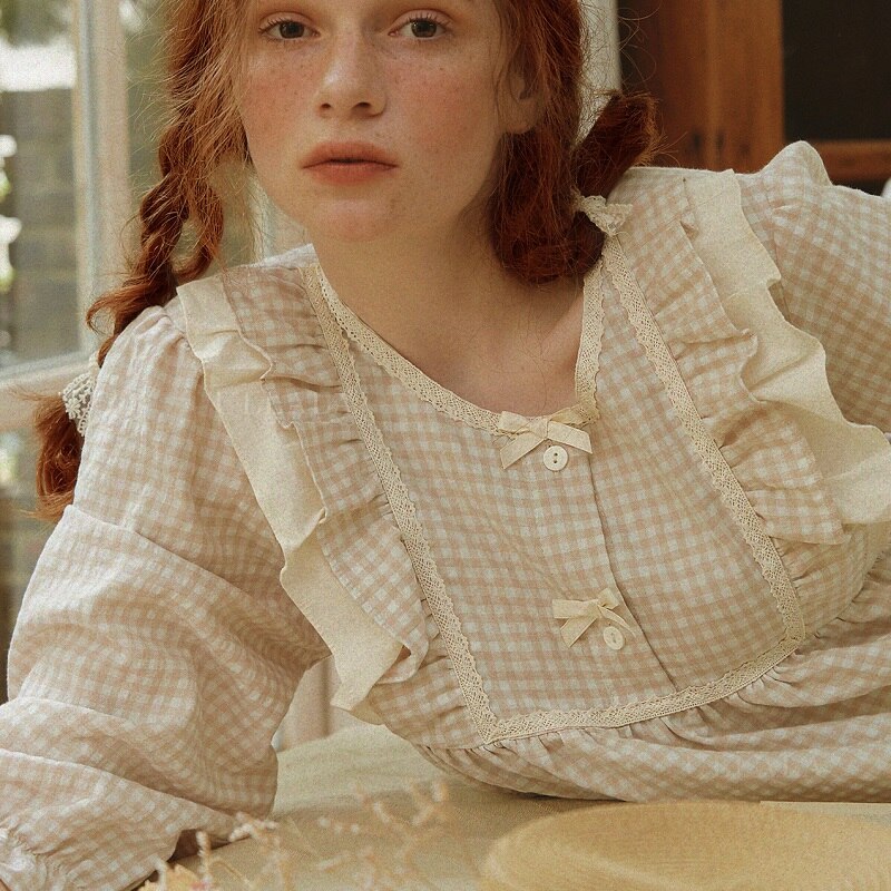 Vintage Cotton Women's Pajamas Sets Long Sleeve Ankel-length Girls Plaid Nightwear Spring Summer Loose Sleepwear Suits