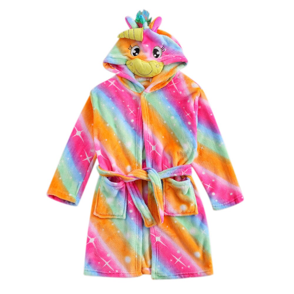 Meisje Kleurrijke Flanel Warme Badjas Dier Vormige Hooded Badjas Met Steekzakken En Tailleband Voor Herfst En Winter