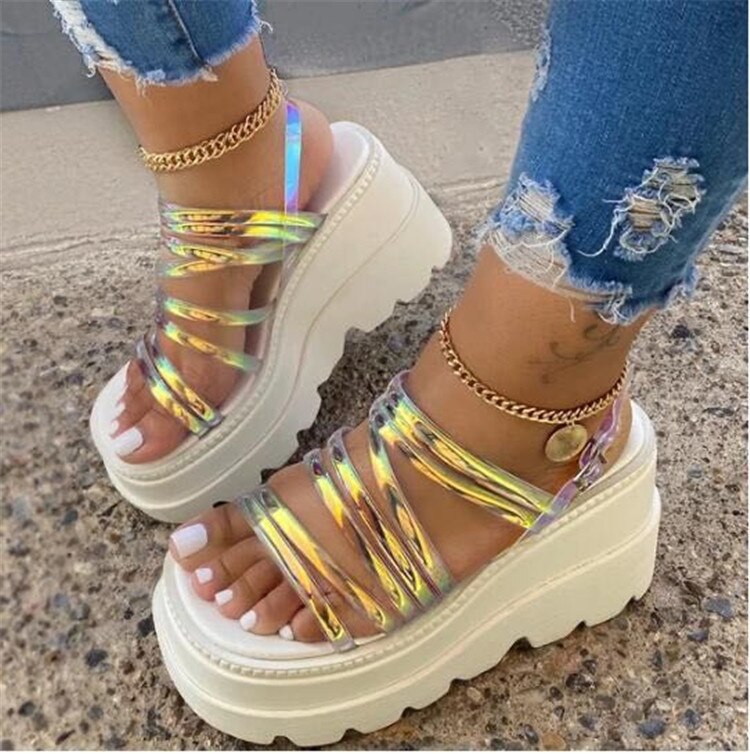 Sandalias De verano para Mujer con plataforma cuña y hebilla en la espalda, Zapatos De tacón medio, calzado De playa, aumento De altura